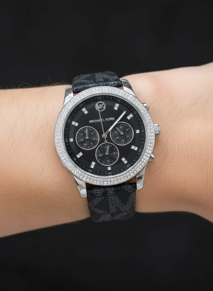 Michael Kors Tibby MK2976 Silver-Tone Watch with Black MK Logo Strap