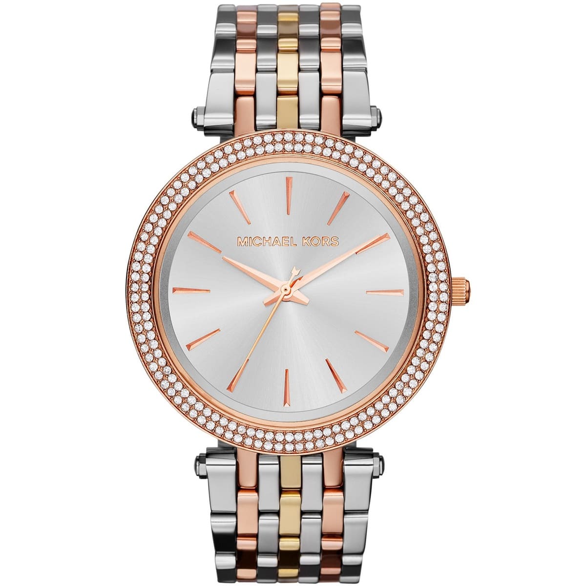 Michael Kors Darci MK3203 Tri-Tone Watch with Crystal Bezel and Silver Dial