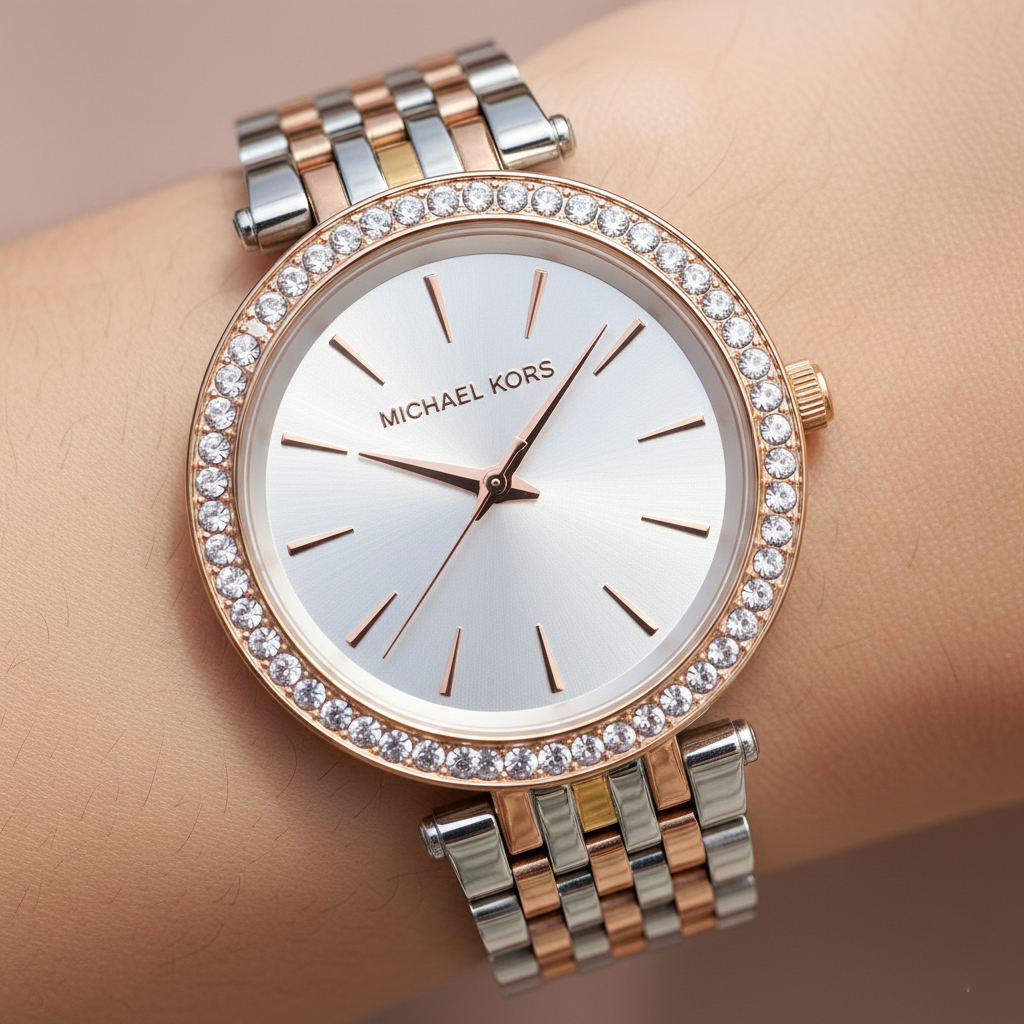 Michael Kors Darci MK3203 Tri-Tone Watch with Crystal Bezel and Silver Dial