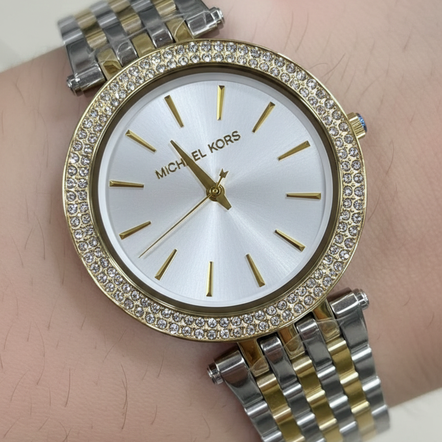 Michael Kors Darci MK3215 Two-Tone Watch with Silver Sunray Dial and Crystal Bezel