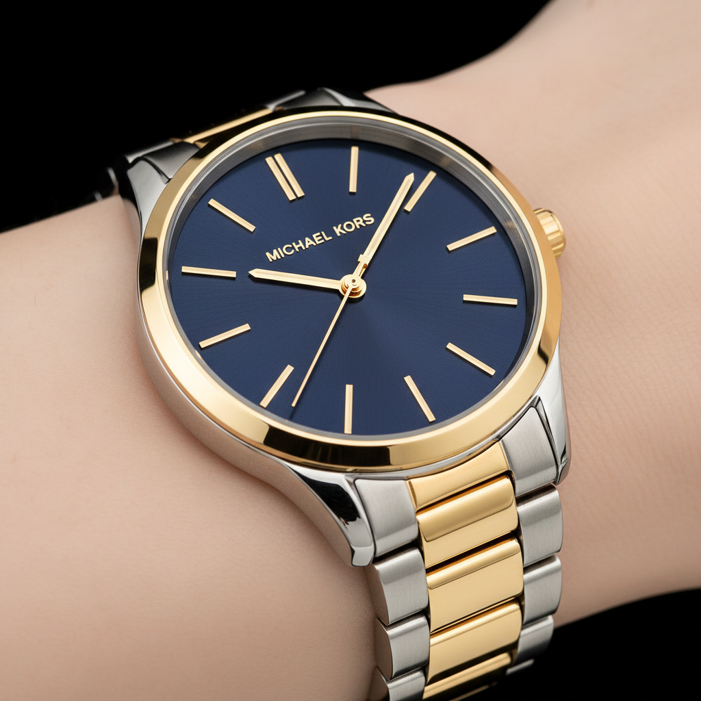 Michael Kors Runway Slim MK3479 Two-Tone Watch with Navy Blue Dial