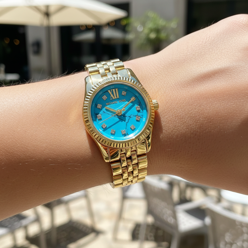 Michael Kors Lexington Mini MK4813 Gold Tone Turquoise Stone Dial Watch