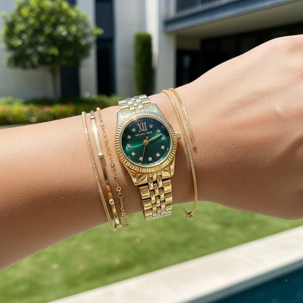 Michael Kors Lexington Mini MK4842 Gold Tone Emerald Green Dial Watch