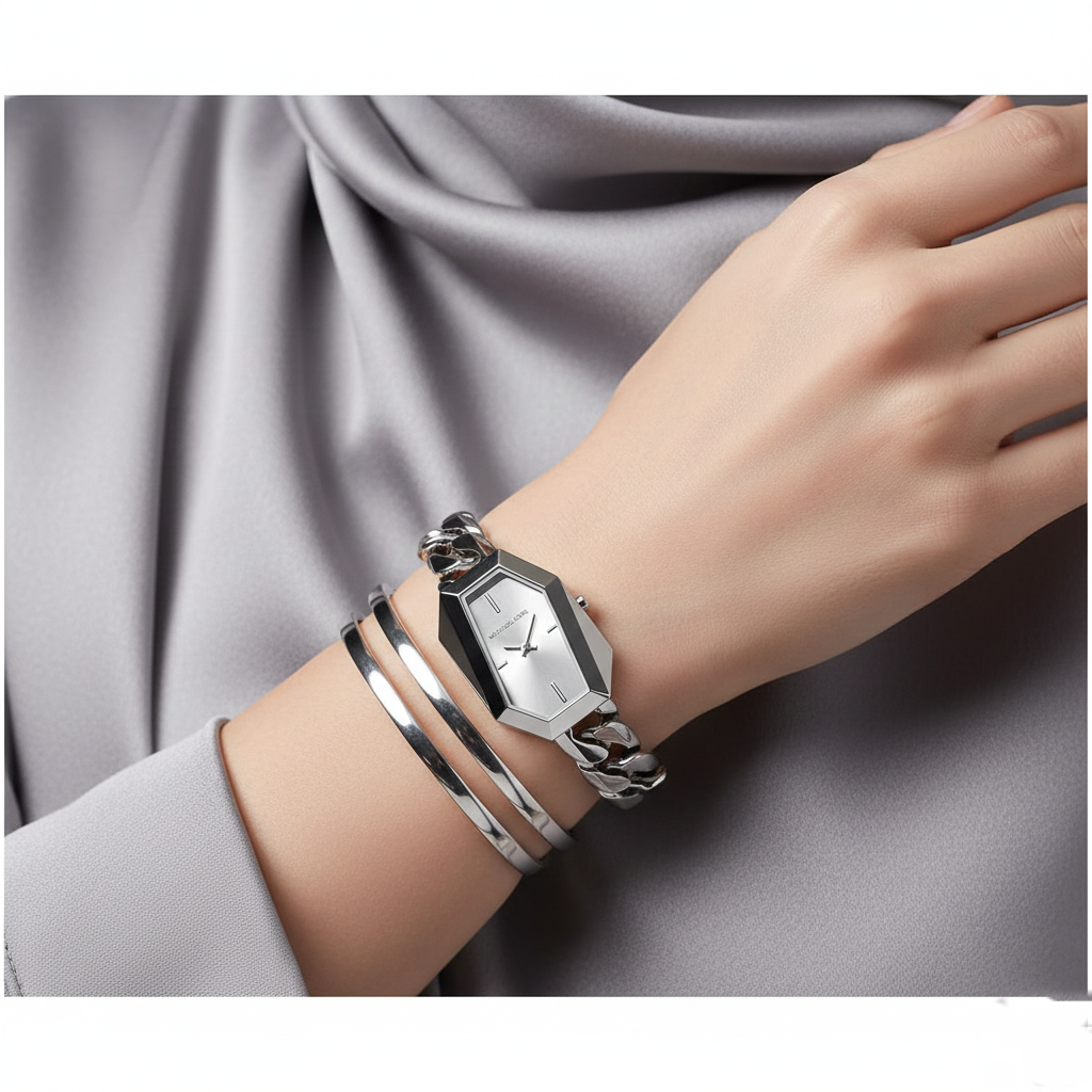 Michael Kors Gia MK4879 Silver-Tone Hexagonal Chain Watch