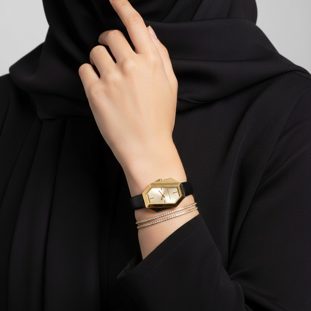 Michael Kors Gia MK4880 Gold-Tone Hexagonal Watch with Black Leather Strap