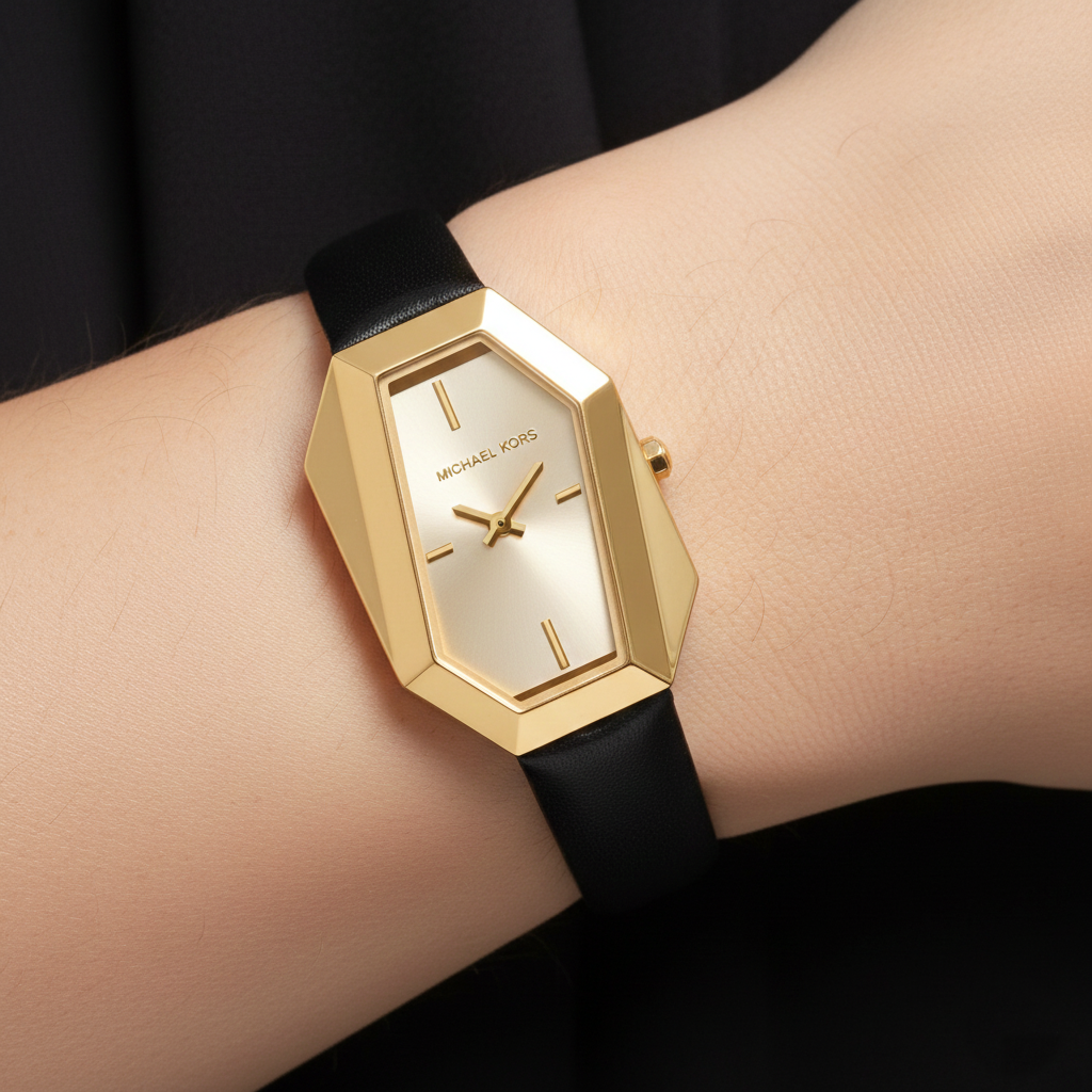 Michael Kors Gia MK4880 Gold-Tone Hexagonal Watch with Black Leather Strap