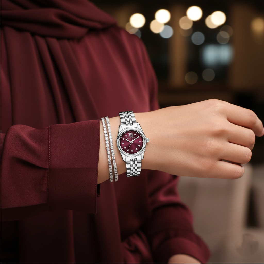 Michael Kors Lexington MK4968 Silver-Tone Watch with Burgundy Dial