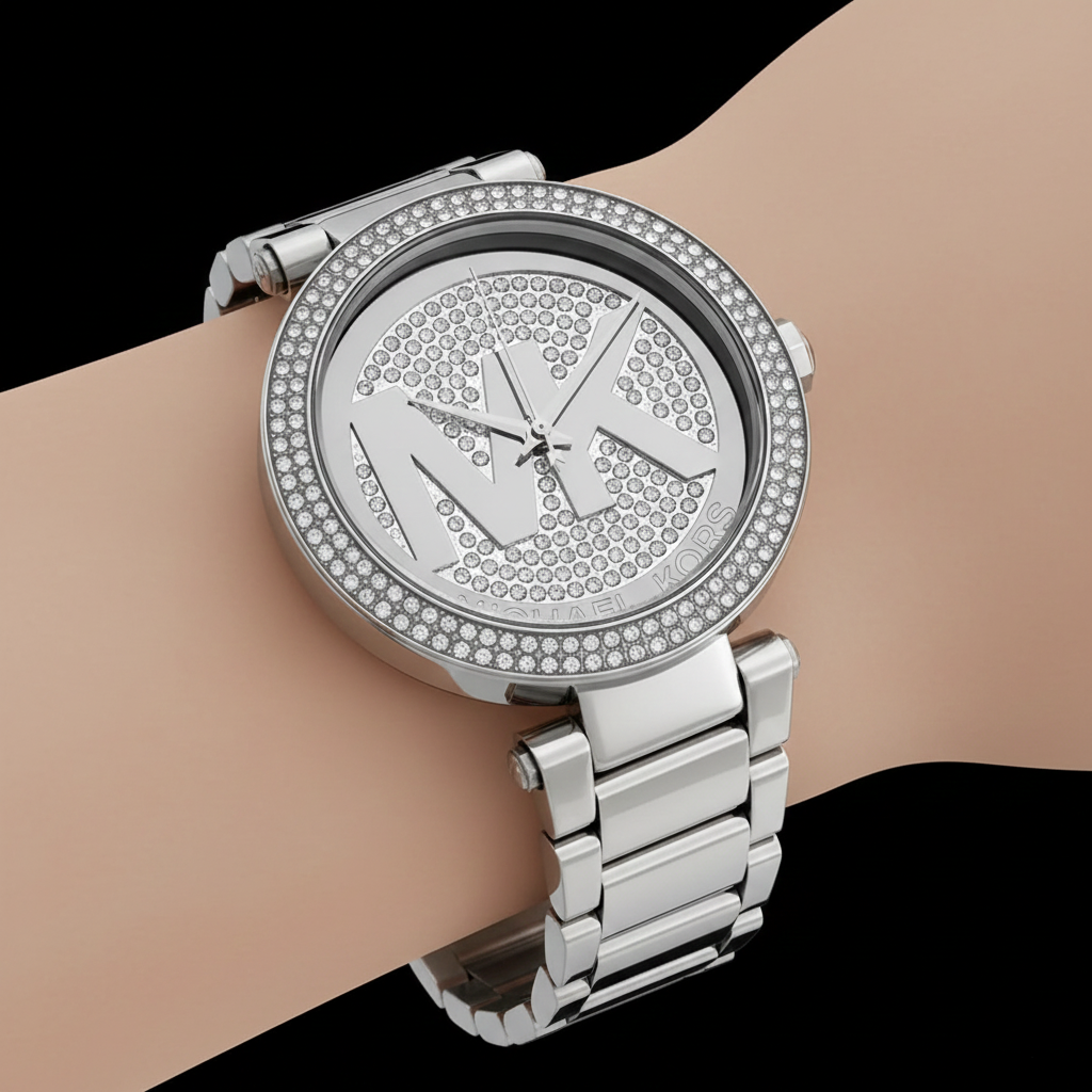Michael Kors Parker MK5925 Silver Watch with Pavé Crystal MK Logo Dial