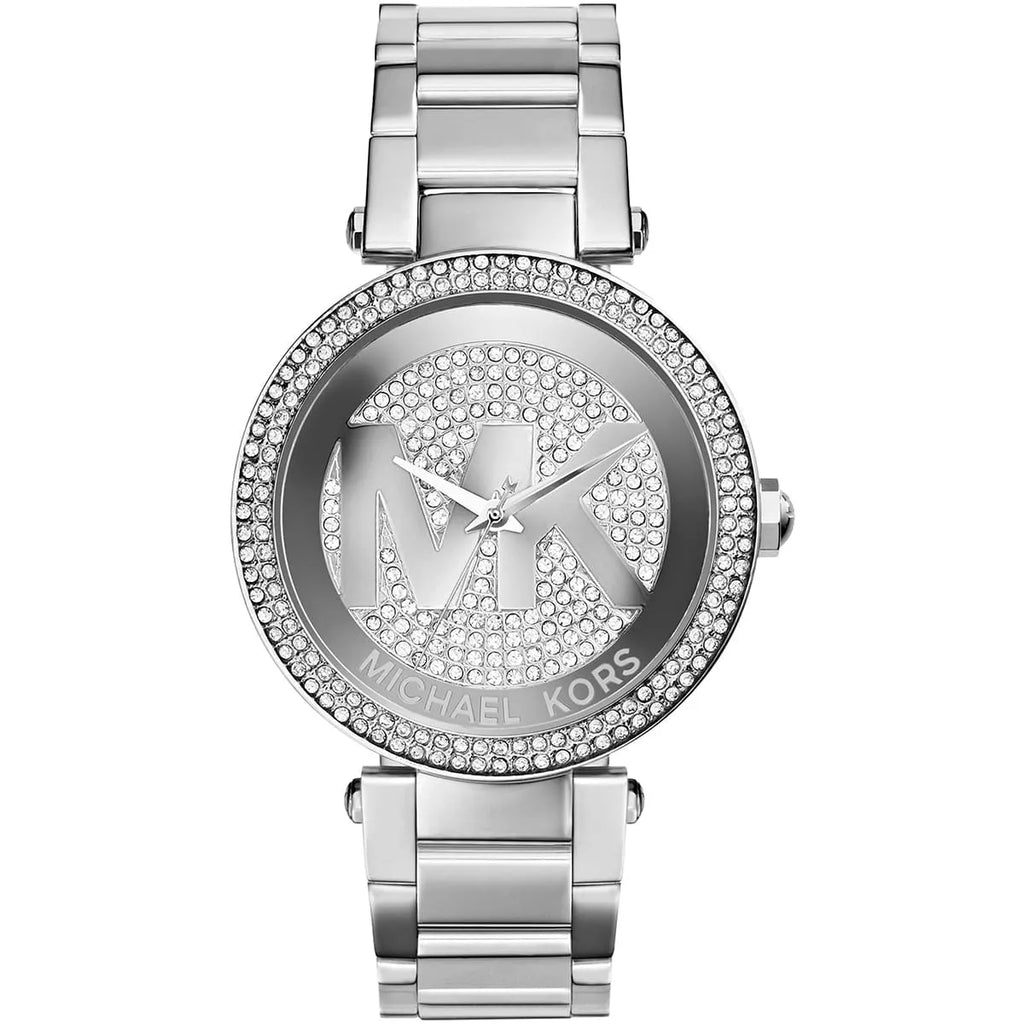 Michael Kors Parker MK5925 Silver Watch with Pavé Crystal MK Logo Dial