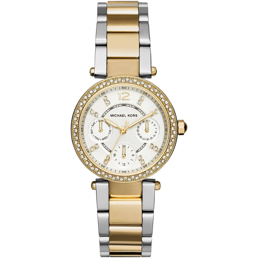 Michael Kors Parker MK6055 Two-Tone Watch with Crystal Bezel and Multi-Function Dial