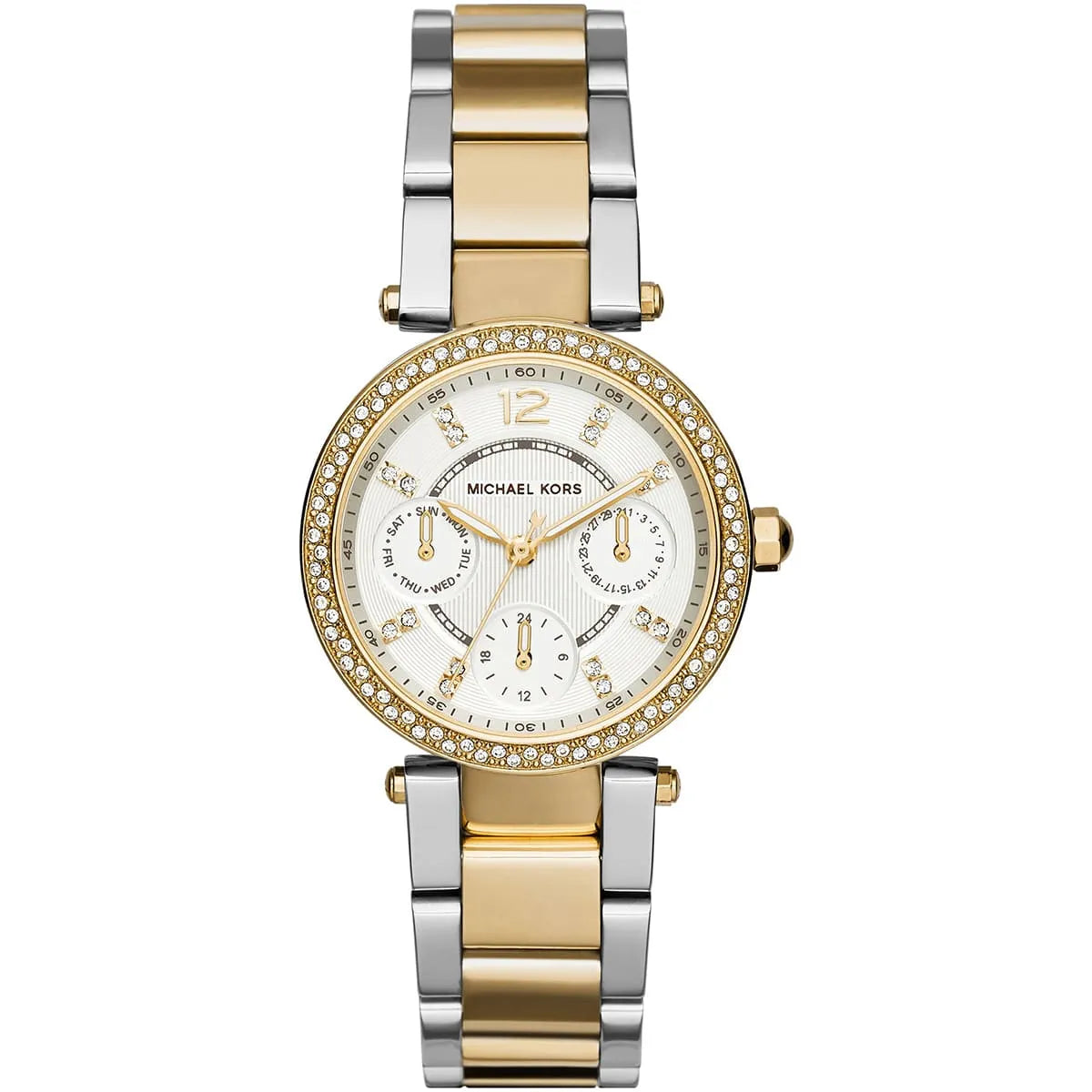 Michael Kors Parker MK6055 Two-Tone Watch with Crystal Bezel and Multi-Function Dial