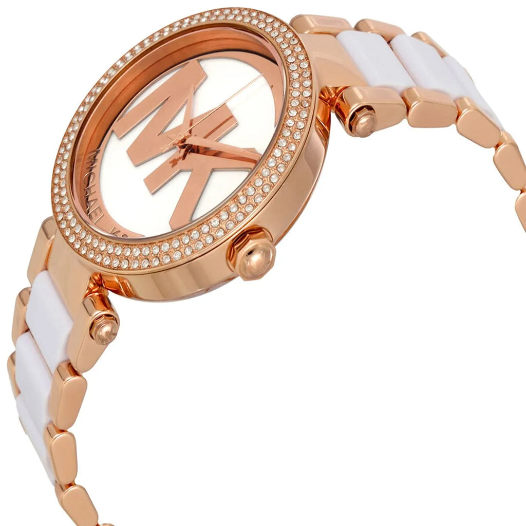 Michael Kors Parker MK6365 Rose Gold & White Acetate Logo Watch