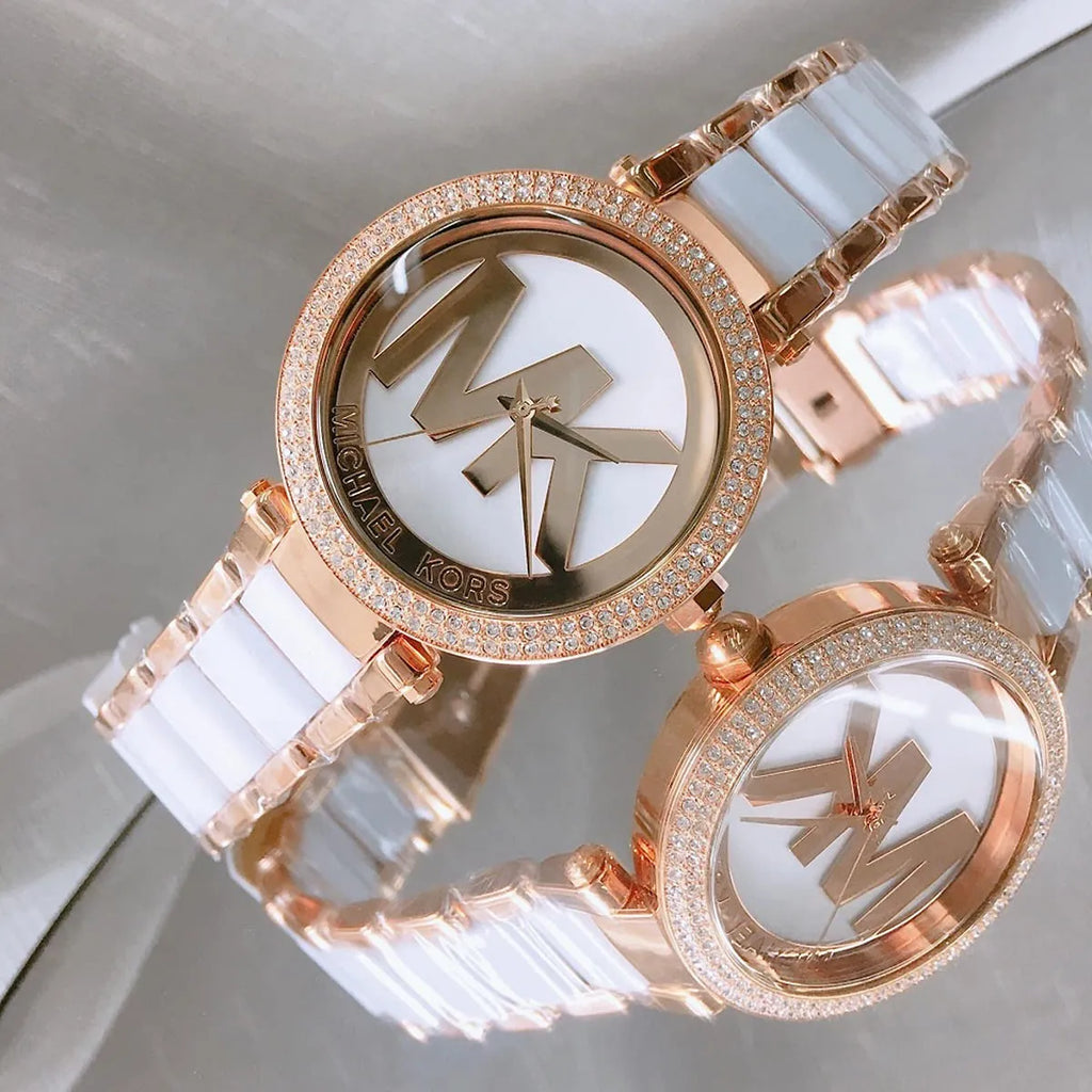 Michael Kors Parker MK6365 Rose Gold & White Acetate Logo Watch