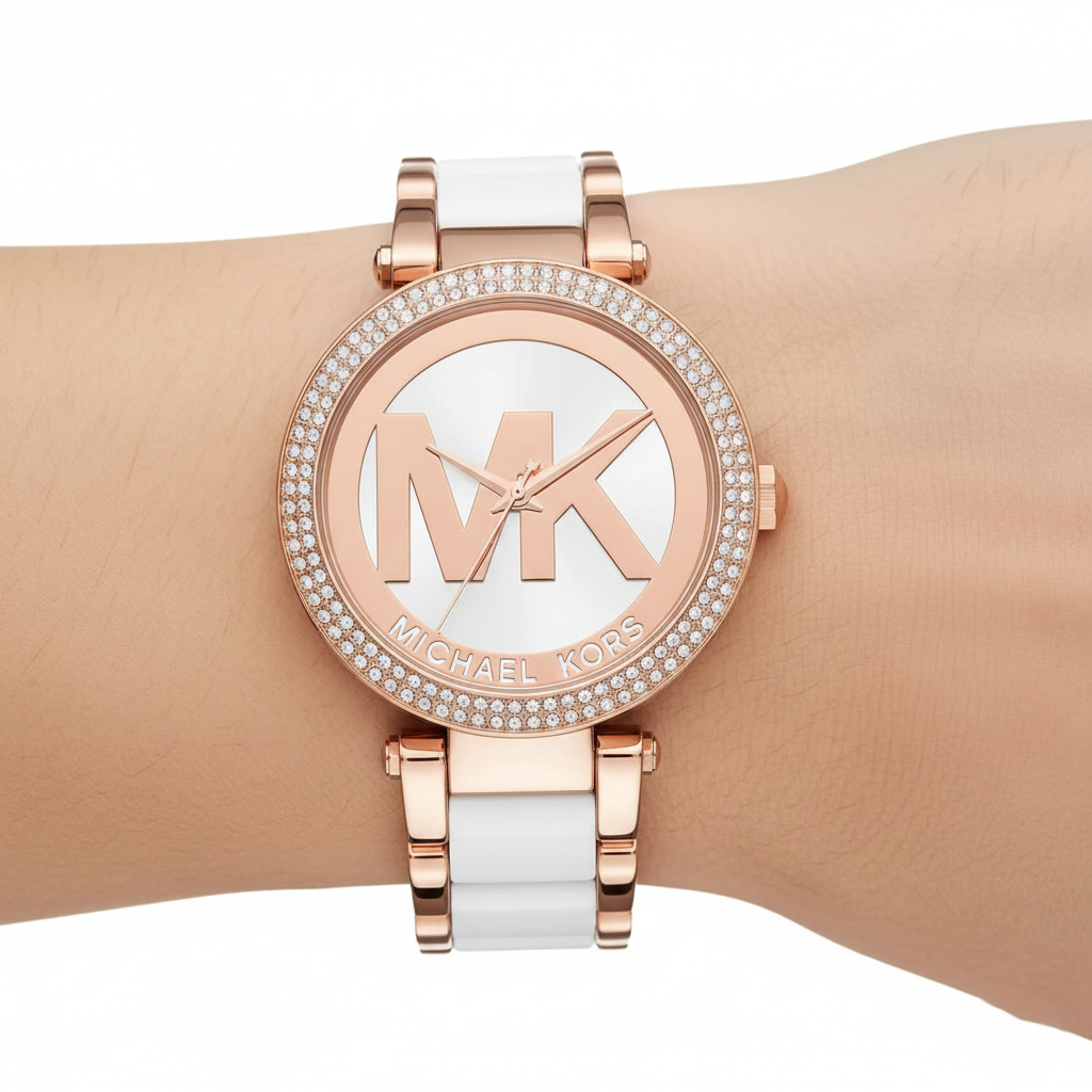 Michael Kors Parker MK6365 Rose Gold & White Acetate Logo Watch