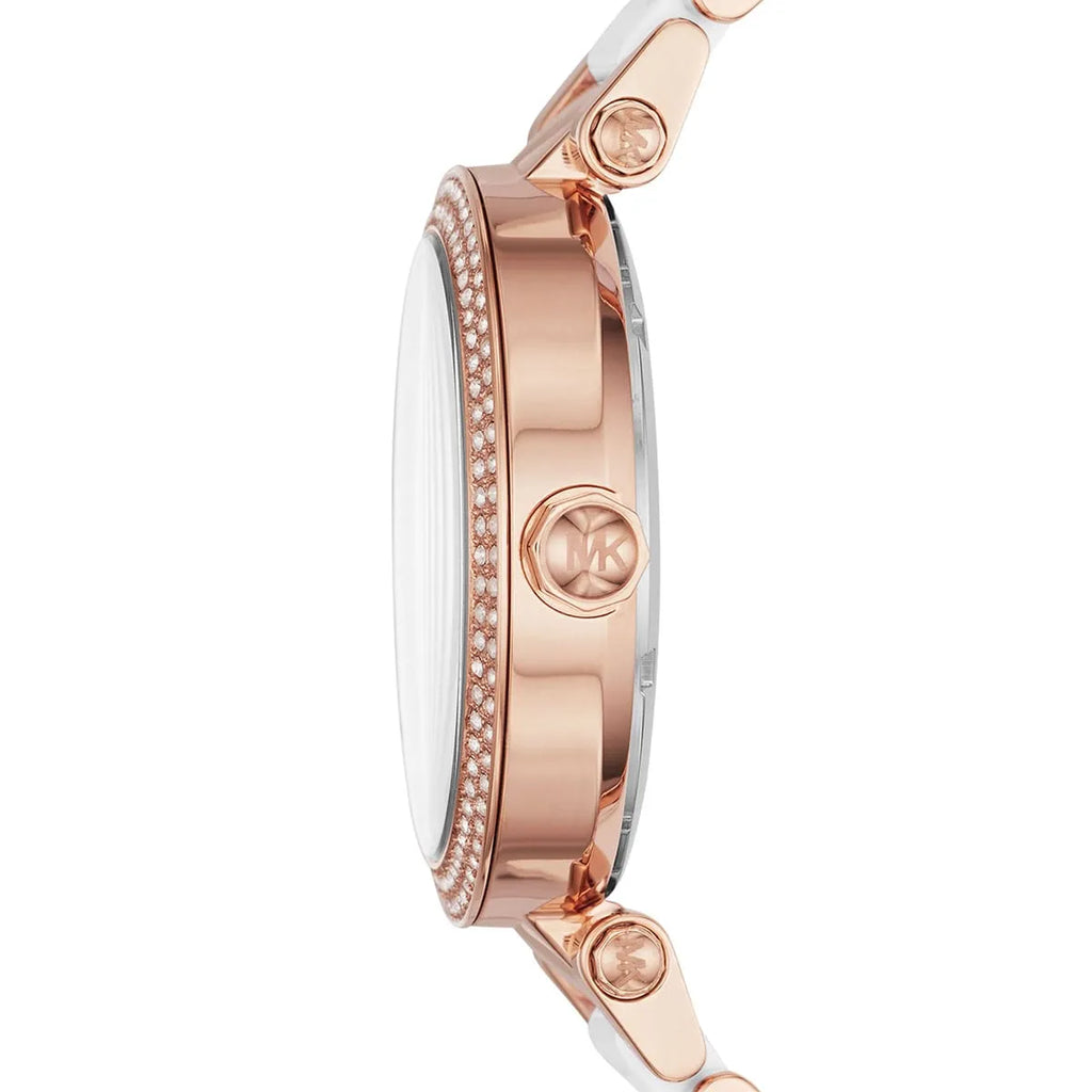 Michael Kors Parker MK6365 Rose Gold & White Acetate Logo Watch