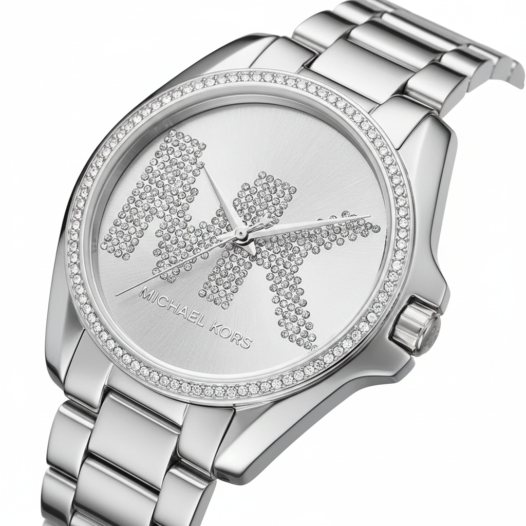 Michael Kors Runway MK6554 Silver Watch with Crystal Encrusted MK Logo Dial