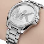 Michael Kors Runway MK6554 Silver Watch with Crystal Encrusted MK Logo Dial