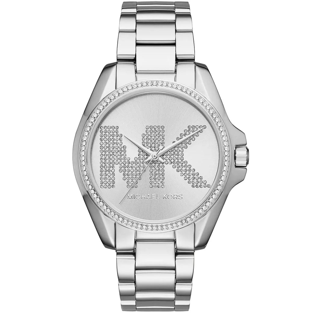 Michael Kors Runway MK6554 Silver Watch with Crystal Encrusted MK Logo Dial