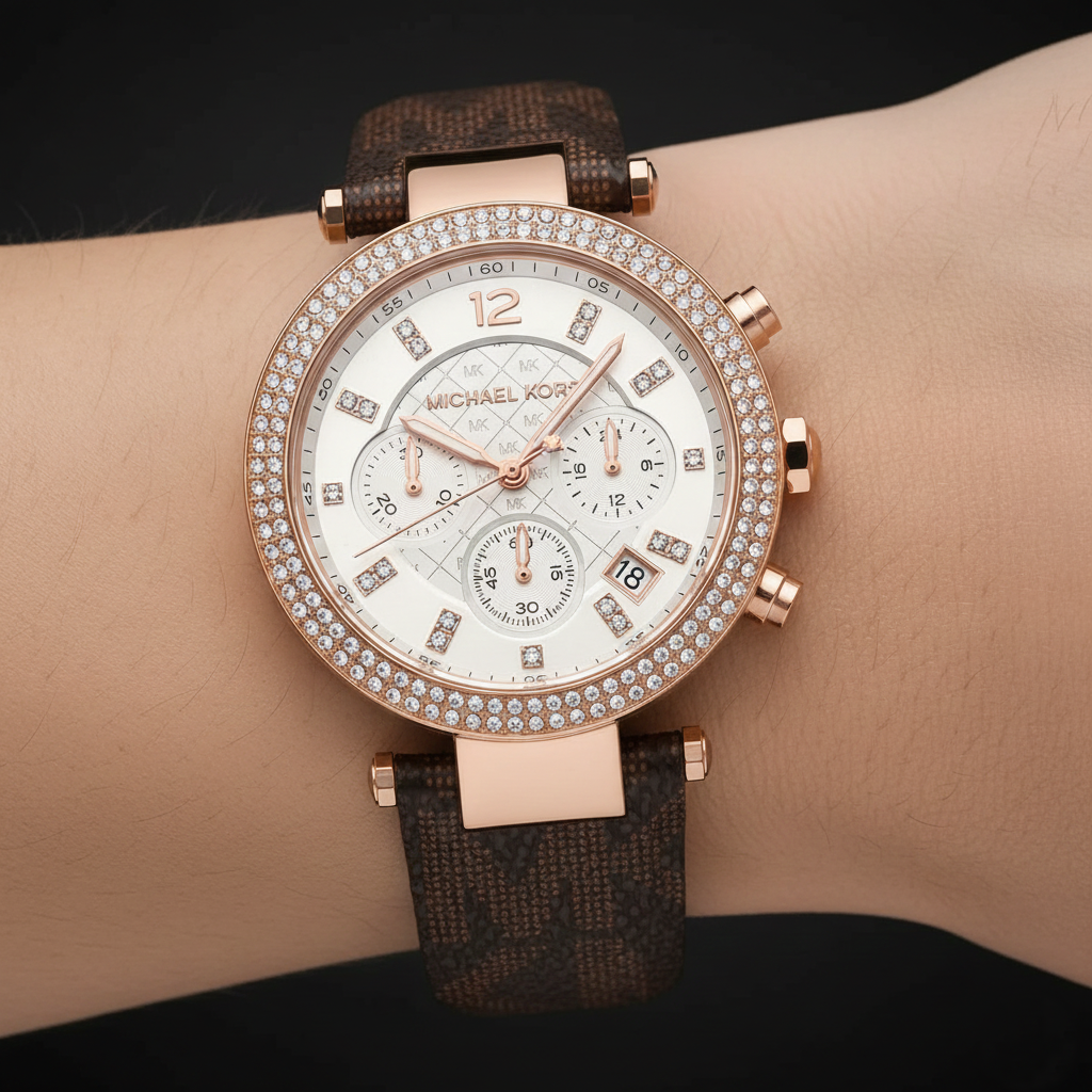 Michael Kors Parker MK6917 Rose Gold Watch with Brown MK Logo Strap