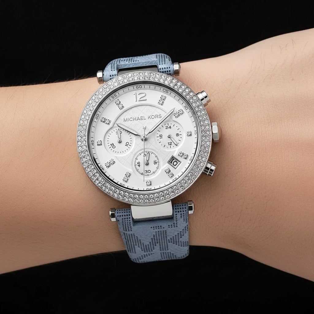 Michael Kors Parker MK6936 Silver Watch with Light Blue Genuine Leather Strap