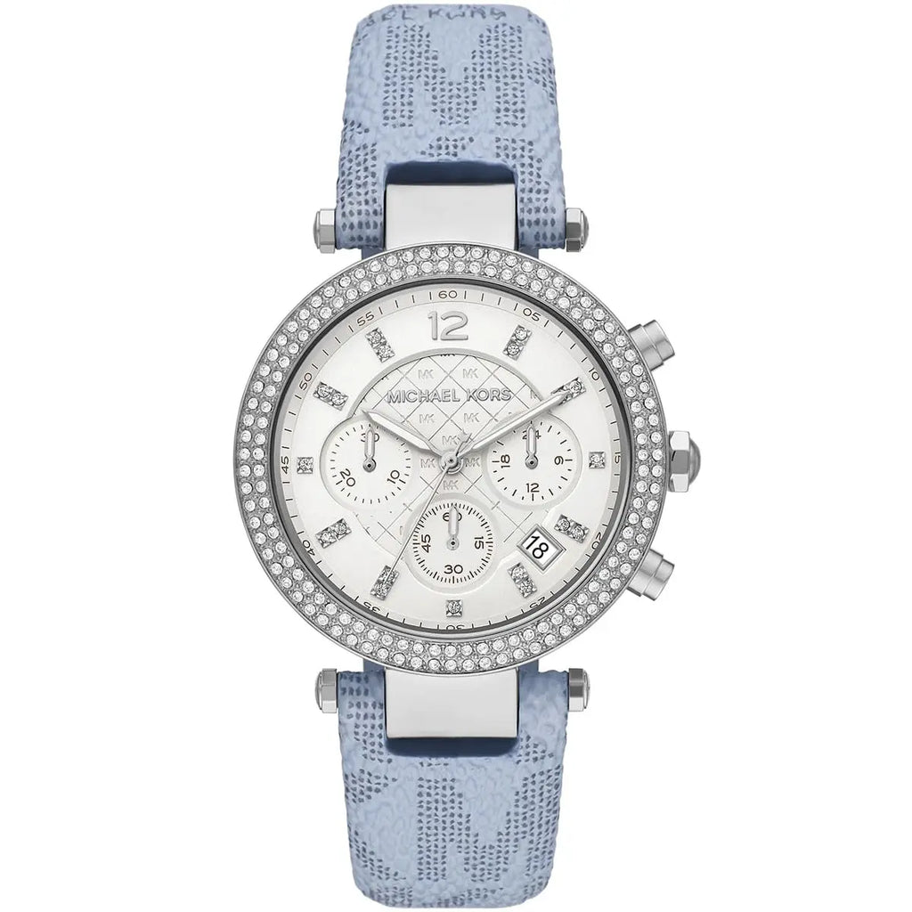 Michael Kors Parker MK6936 Silver Watch with Light Blue Genuine Leather Strap