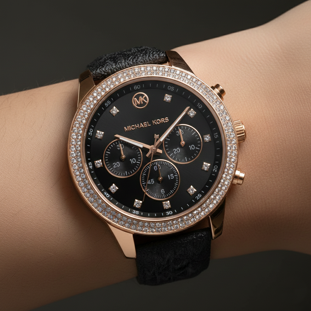 Michael Kors Camille MK6968 Rose Gold-Tone Watch with Black MK Logo Strap