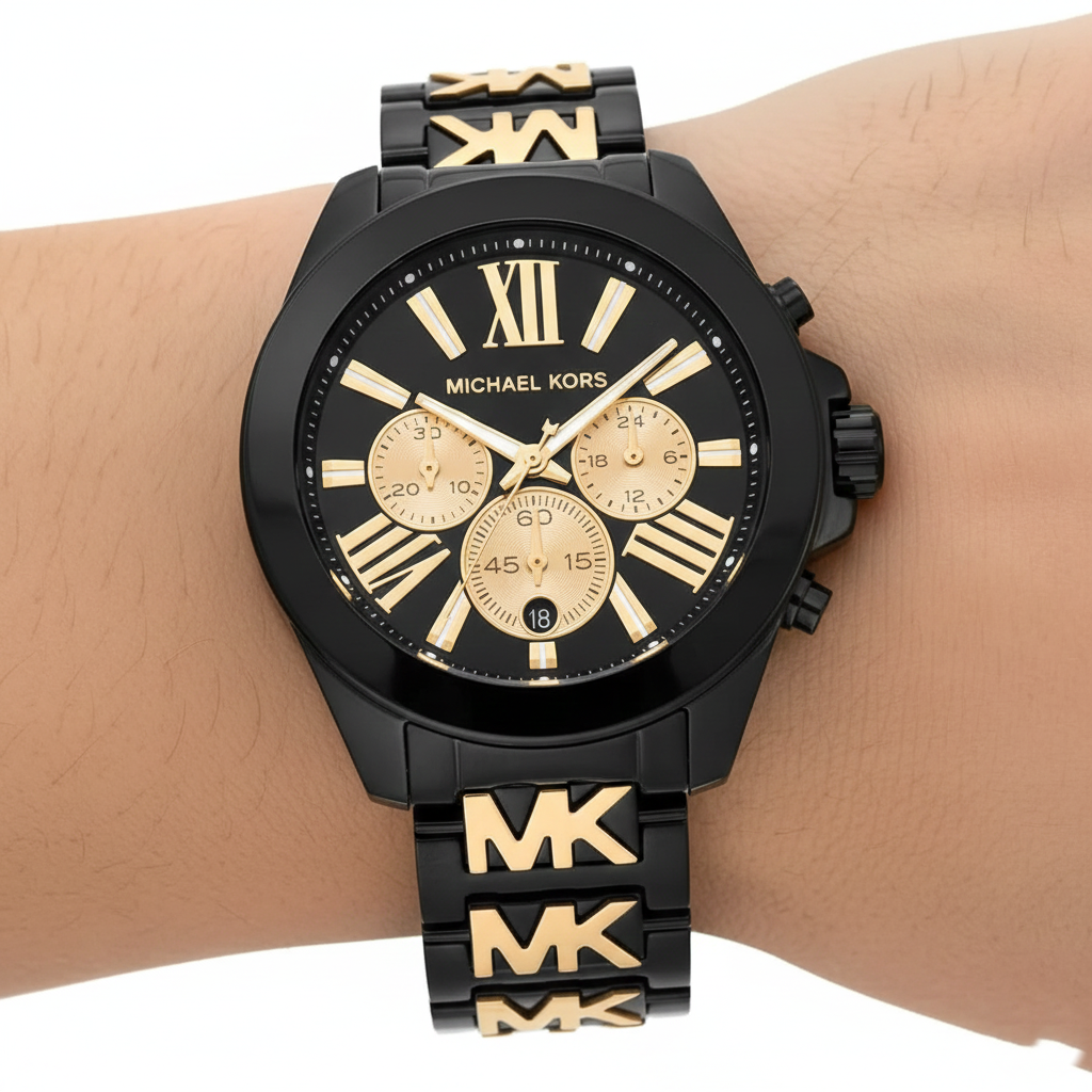 Michael Kors Wren MK6978 Black & Gold Chronograph Logo Watch
