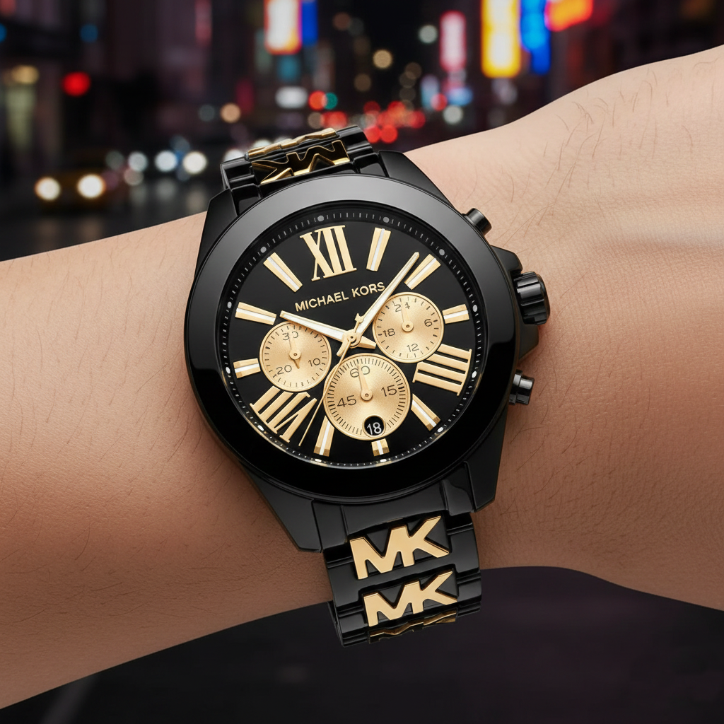 Michael Kors Wren MK6978 Black & Gold Chronograph Logo Watch