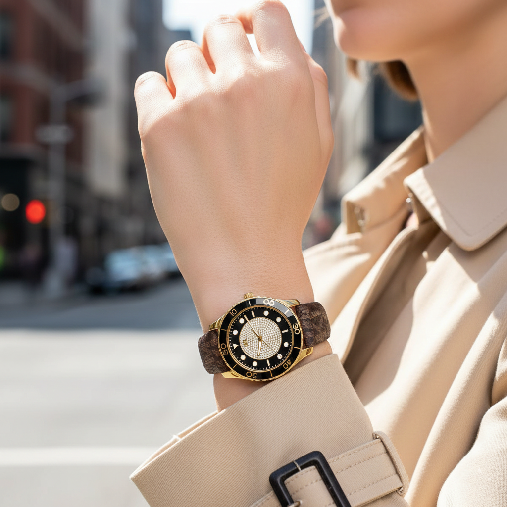 Michael Kors Runway MK6979 Gold Glitz Dial Signature Strap Watch