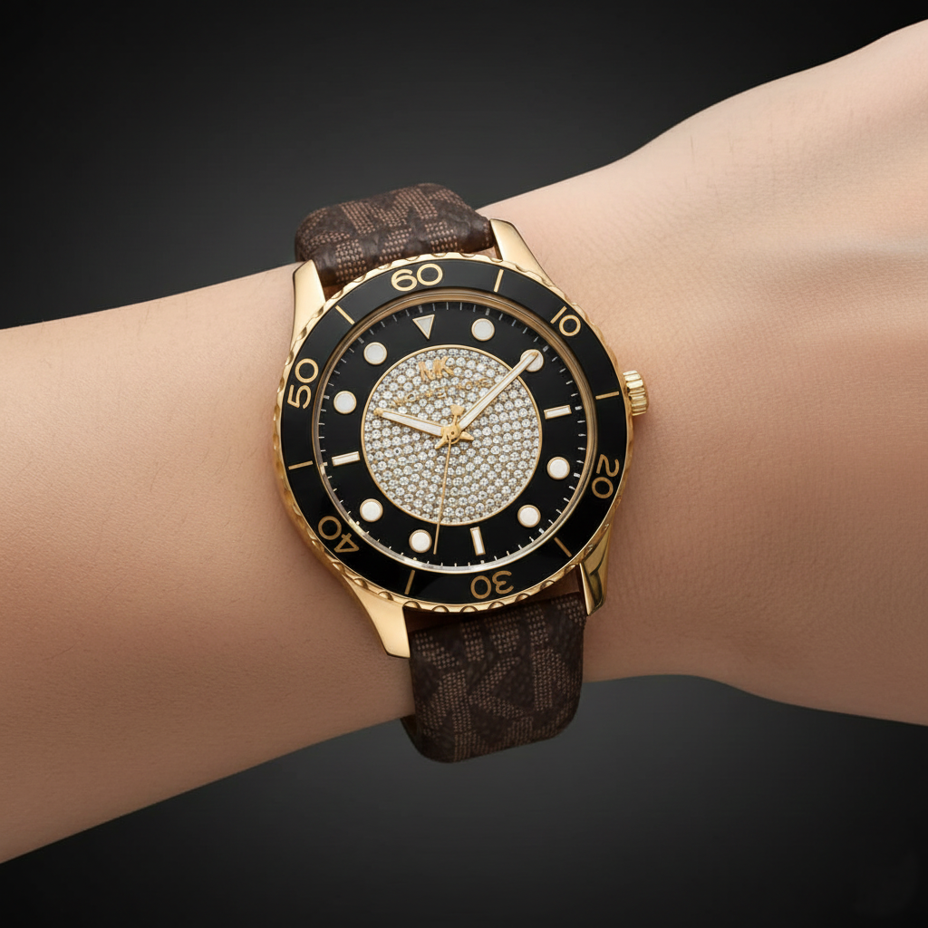 Michael Kors Runway MK6979 Gold Glitz Dial Signature Strap Watch
