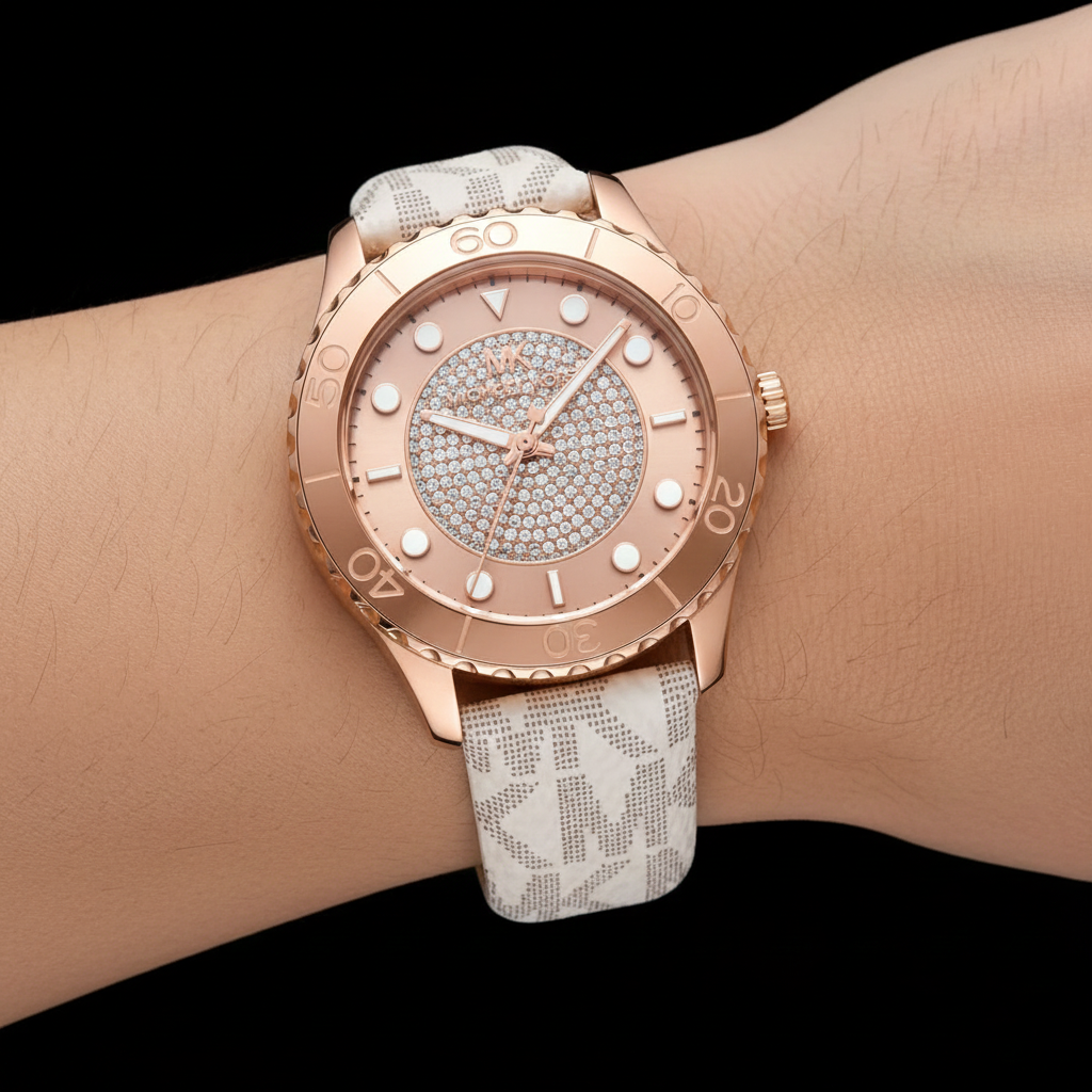 Michael Kors Runway MK6980 Rose Gold Watch with White MK Logo Strap