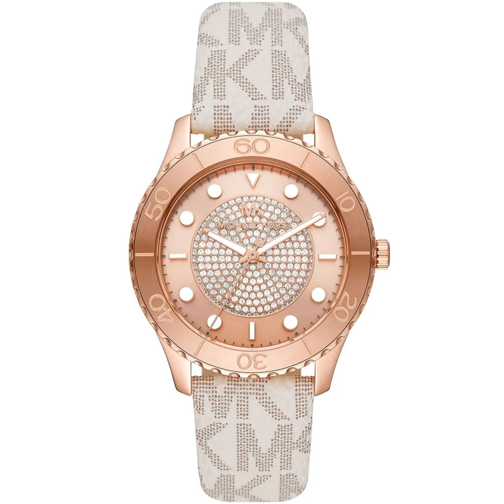 Michael Kors Runway MK6980 Rose Gold Watch with White MK Logo Strap