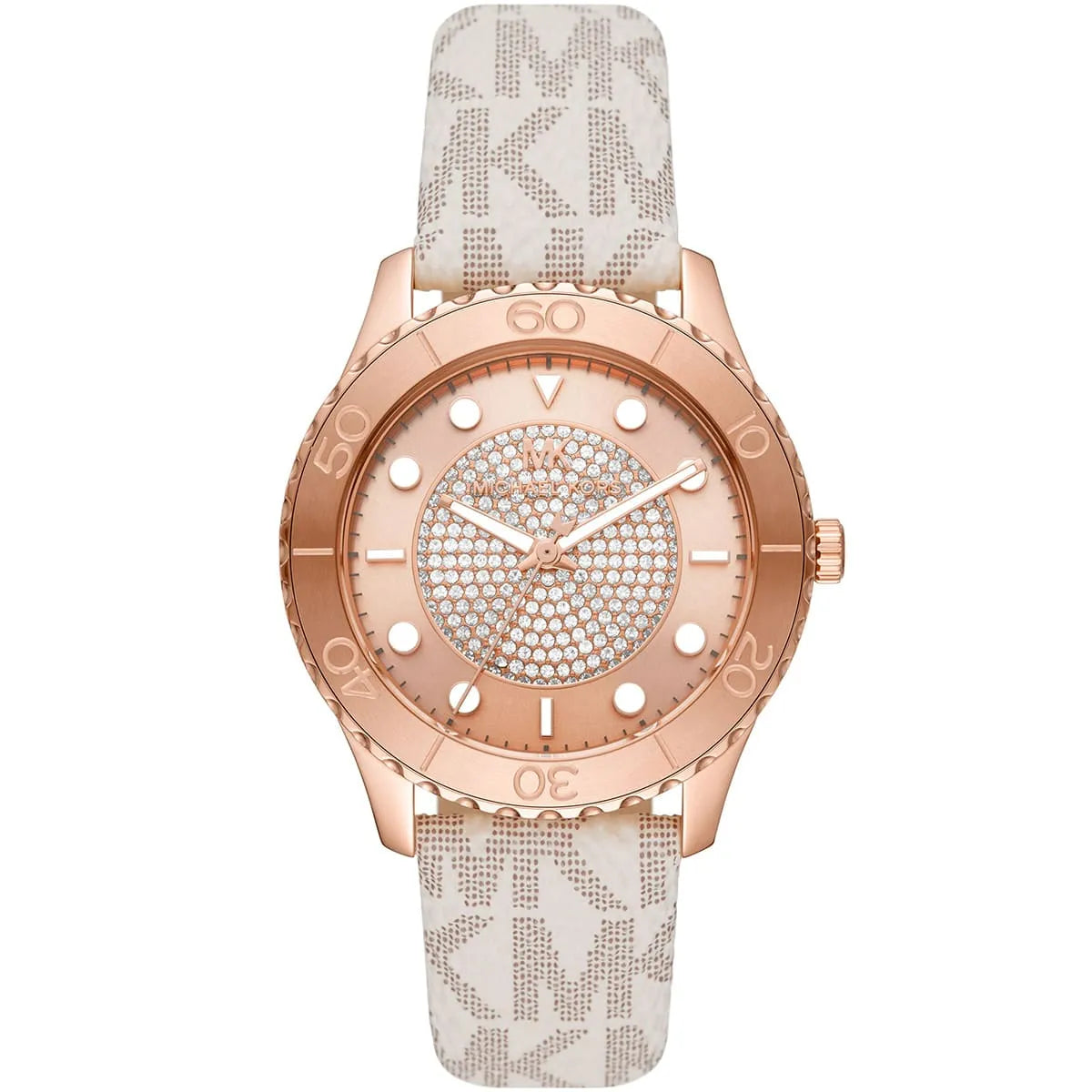 Michael Kors Runway MK6980 Rose Gold Watch with White MK Logo Strap