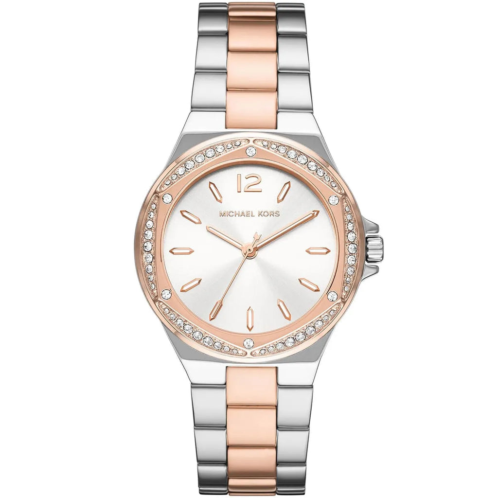Michael Kors Lennox MK6989 Two-Tone Watch with Crystal Bezel and Silver Dial