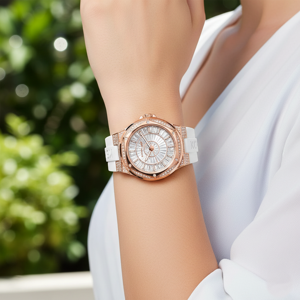 Michael Kors Camille MK7248 Rose Gold Glitz & White Silicone Watch