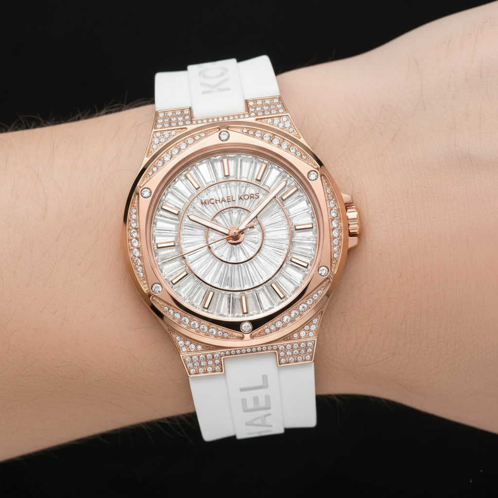 Michael Kors Camille MK7248 Rose Gold Glitz & White Silicone Watch