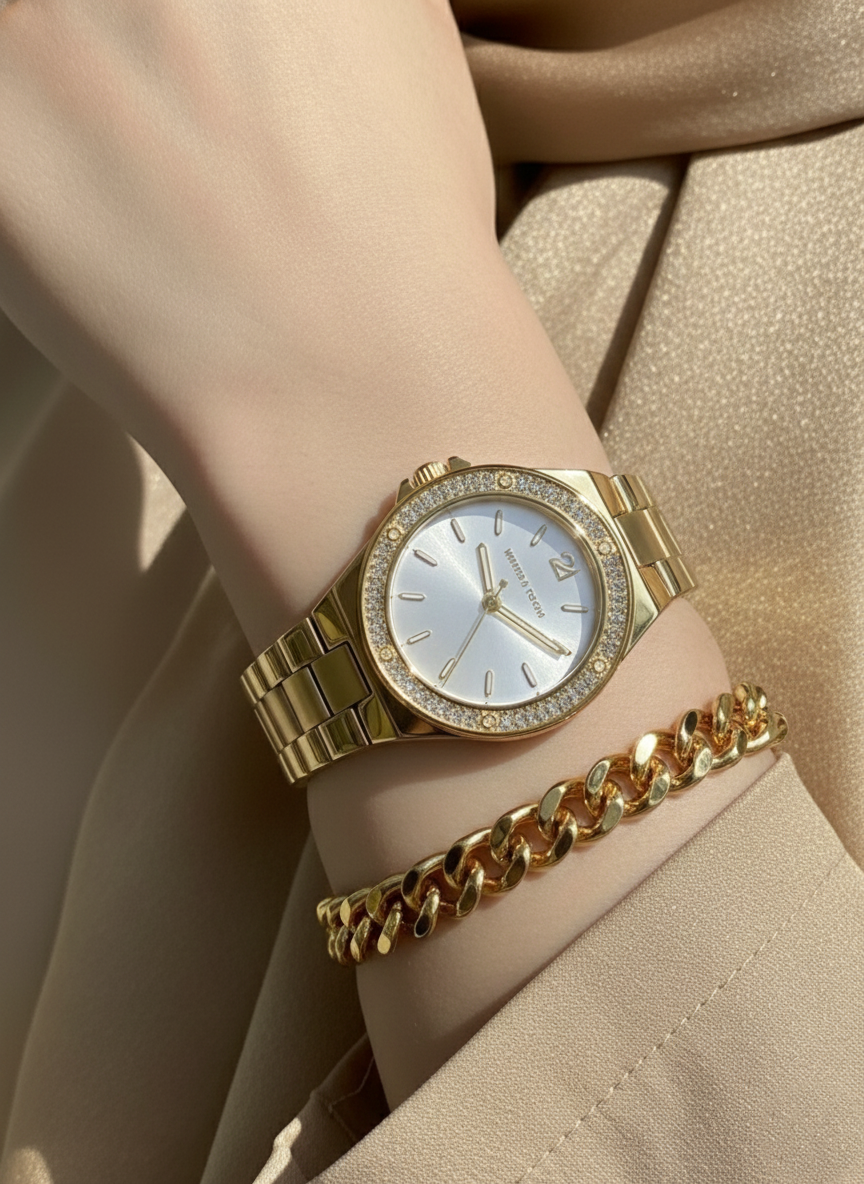 Michael Kors Lennox MK7278 Gold-Tone Watch with Crystal Bezel and Silver Dial