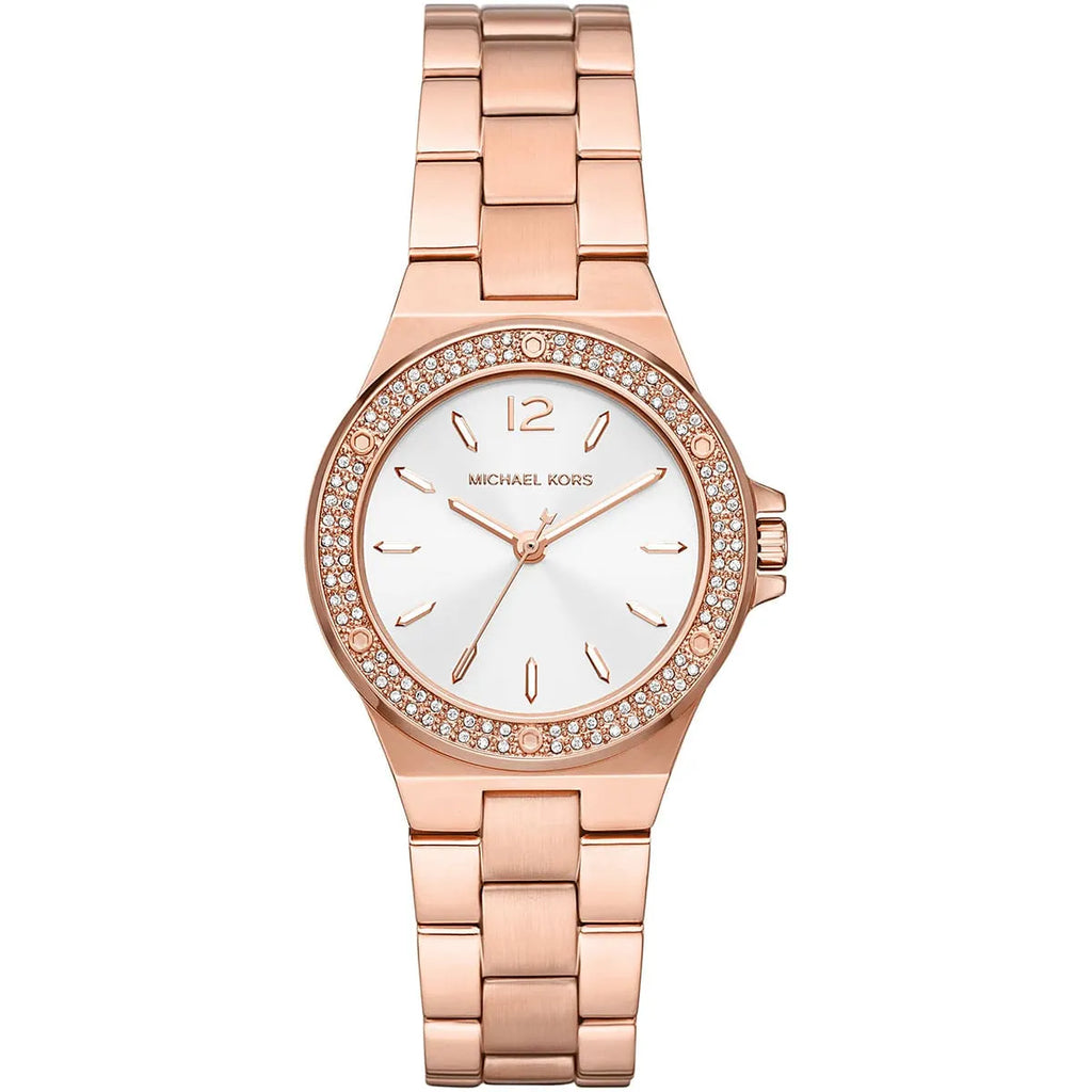 Michael Kors Lennox MK7279 Rose Gold Watch with Crystal Bezel and Silver Dial