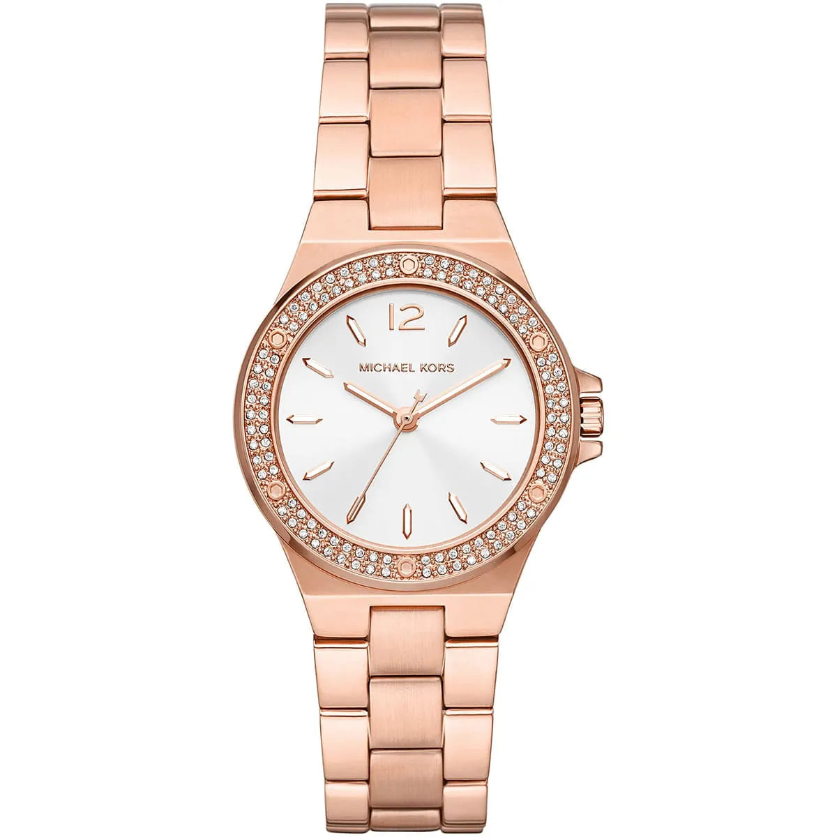 Michael Kors Lennox MK7279 Rose Gold Watch with Crystal Bezel and Silver Dial