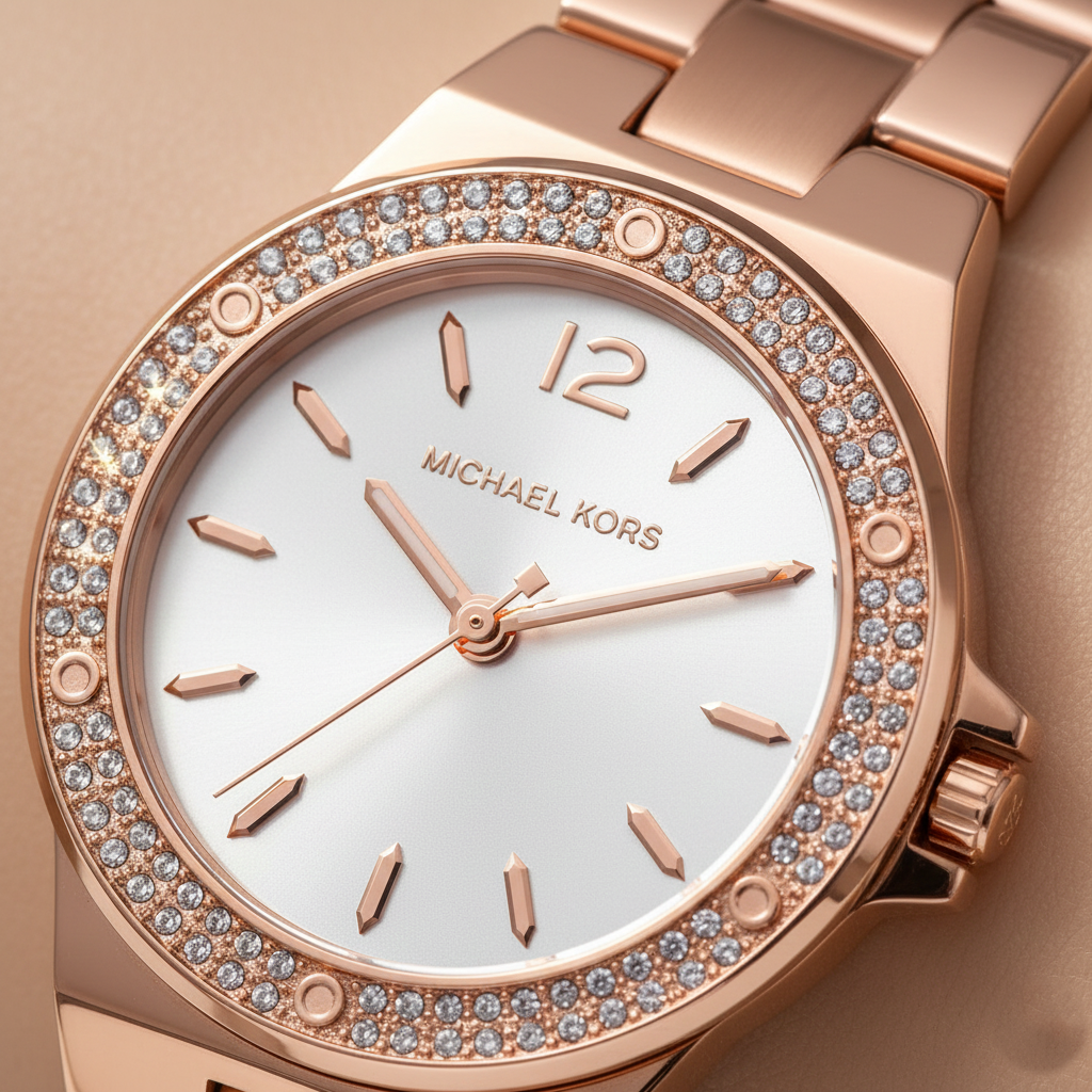 Michael Kors Lennox MK7279 Rose Gold Watch with Crystal Bezel and Silver Dial