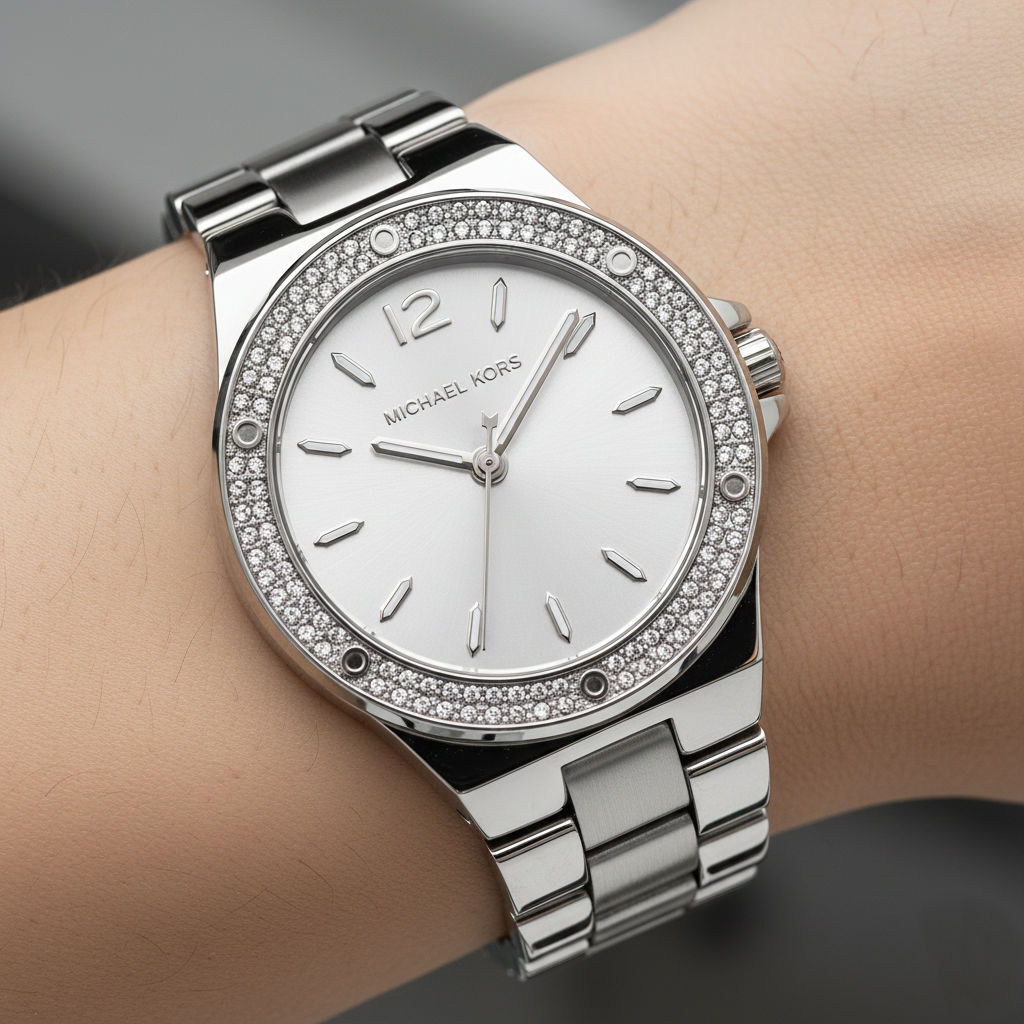 Michael Kors Lennox MK7280 Silver Watch with Crystal Bezel and Silver Dial