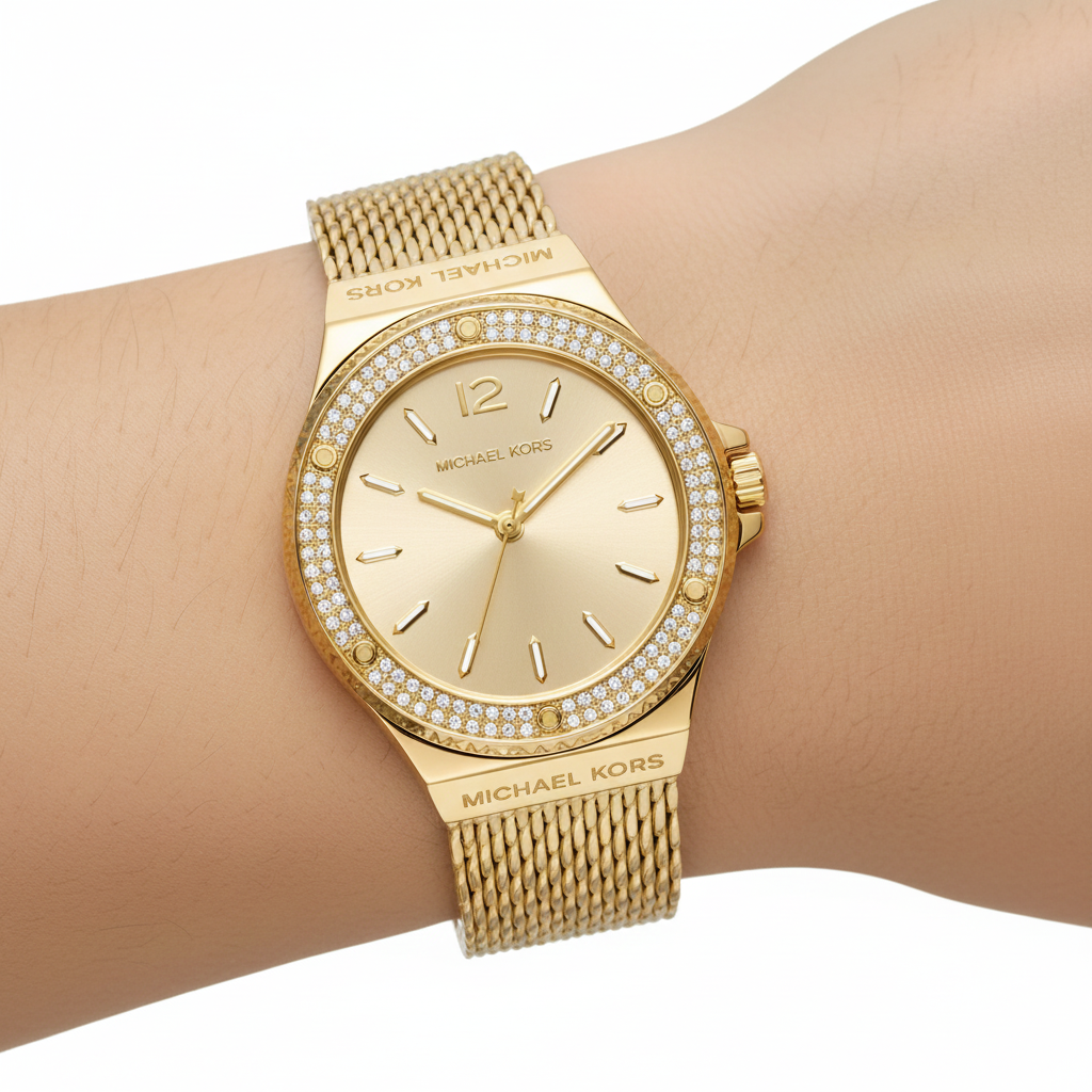 Michael Kors Lennox MK7335 Gold-Tone Watch with Mesh Bracelet and Crystal Bezel