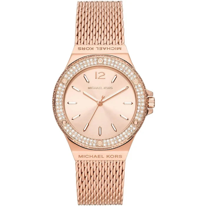 Michael Kors Lennox MK7336 Rose Gold-Tone Watch with Mesh Bracelet and Crystal Bezel