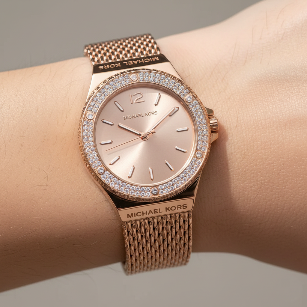 Michael Kors Lennox MK7336 Rose Gold-Tone Watch with Mesh Bracelet and Crystal Bezel