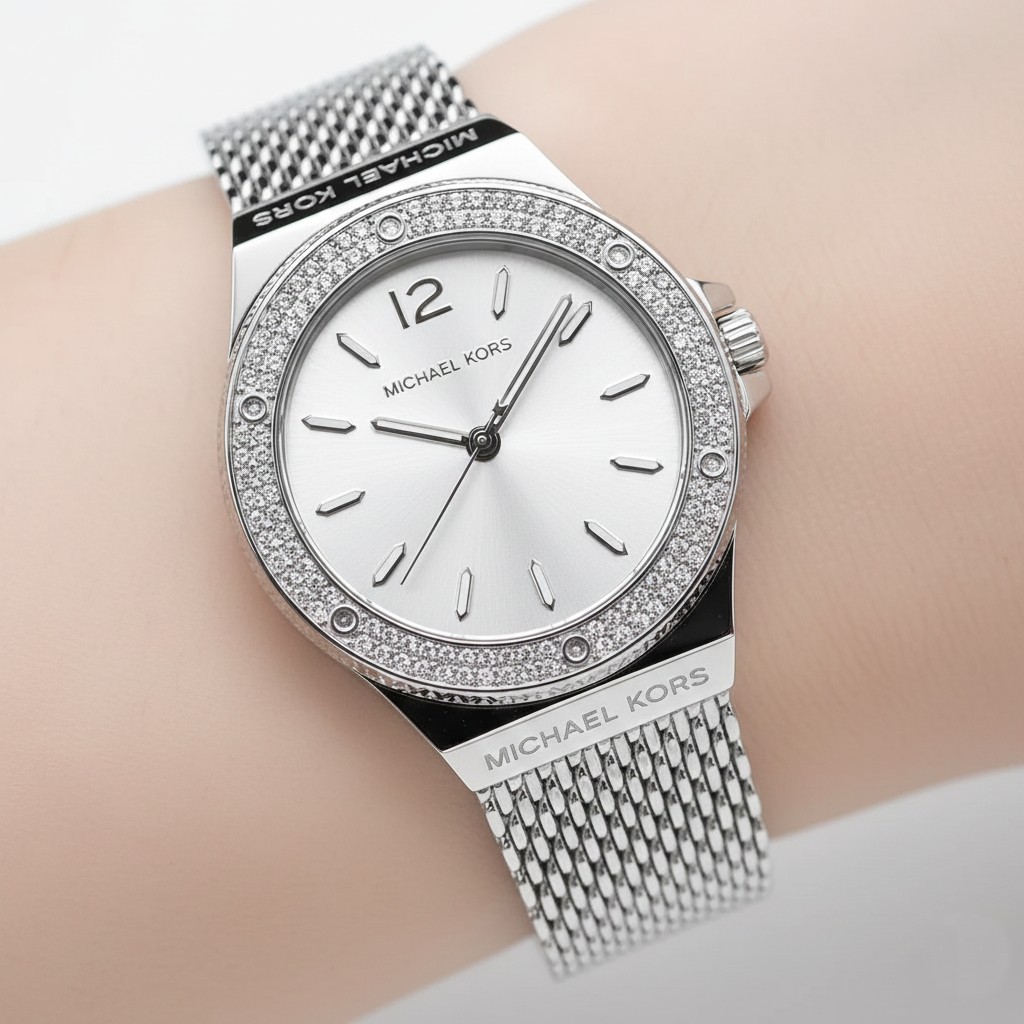 Michael Kors Lennox MK7337 Silver-Tone Watch with Mesh Bracelet and Crystal Bezel