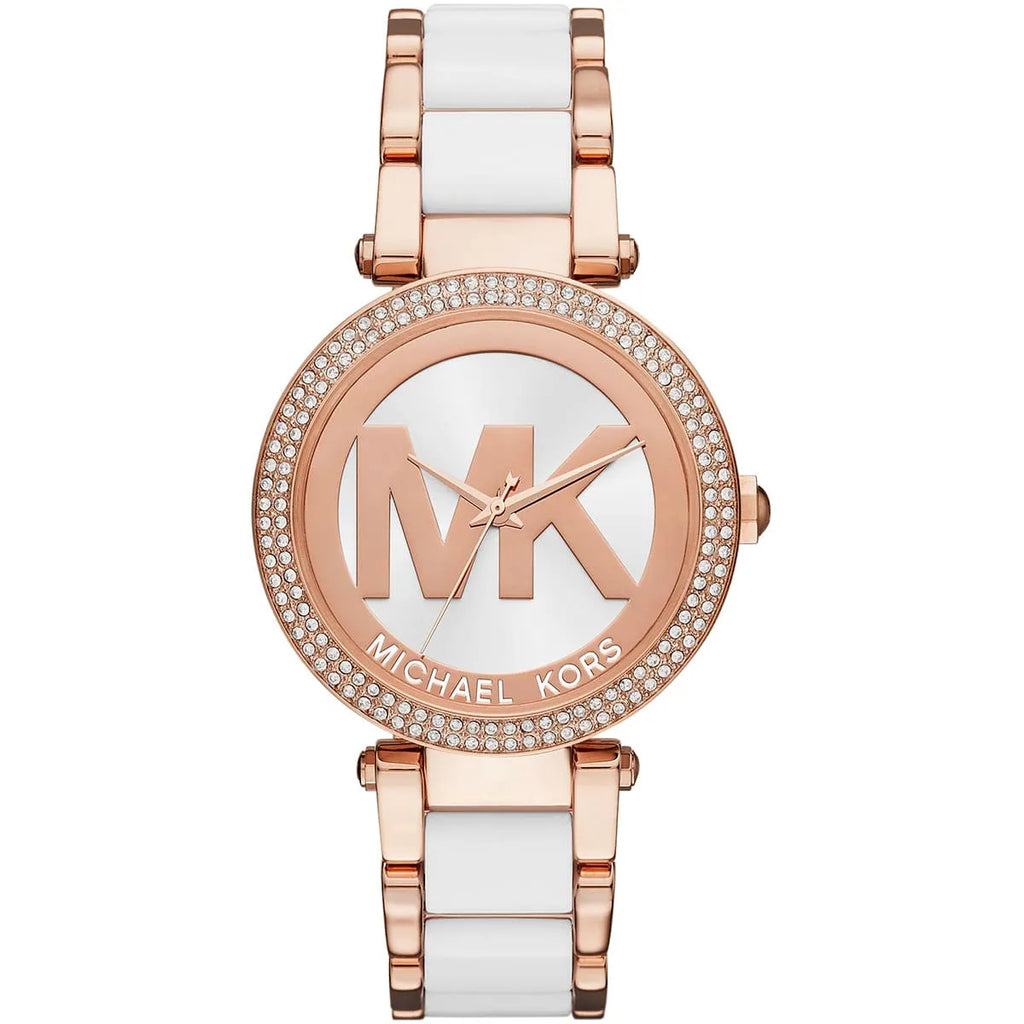 Michael Kors Parker MK6365 Rose Gold & White Acetate Logo Watch