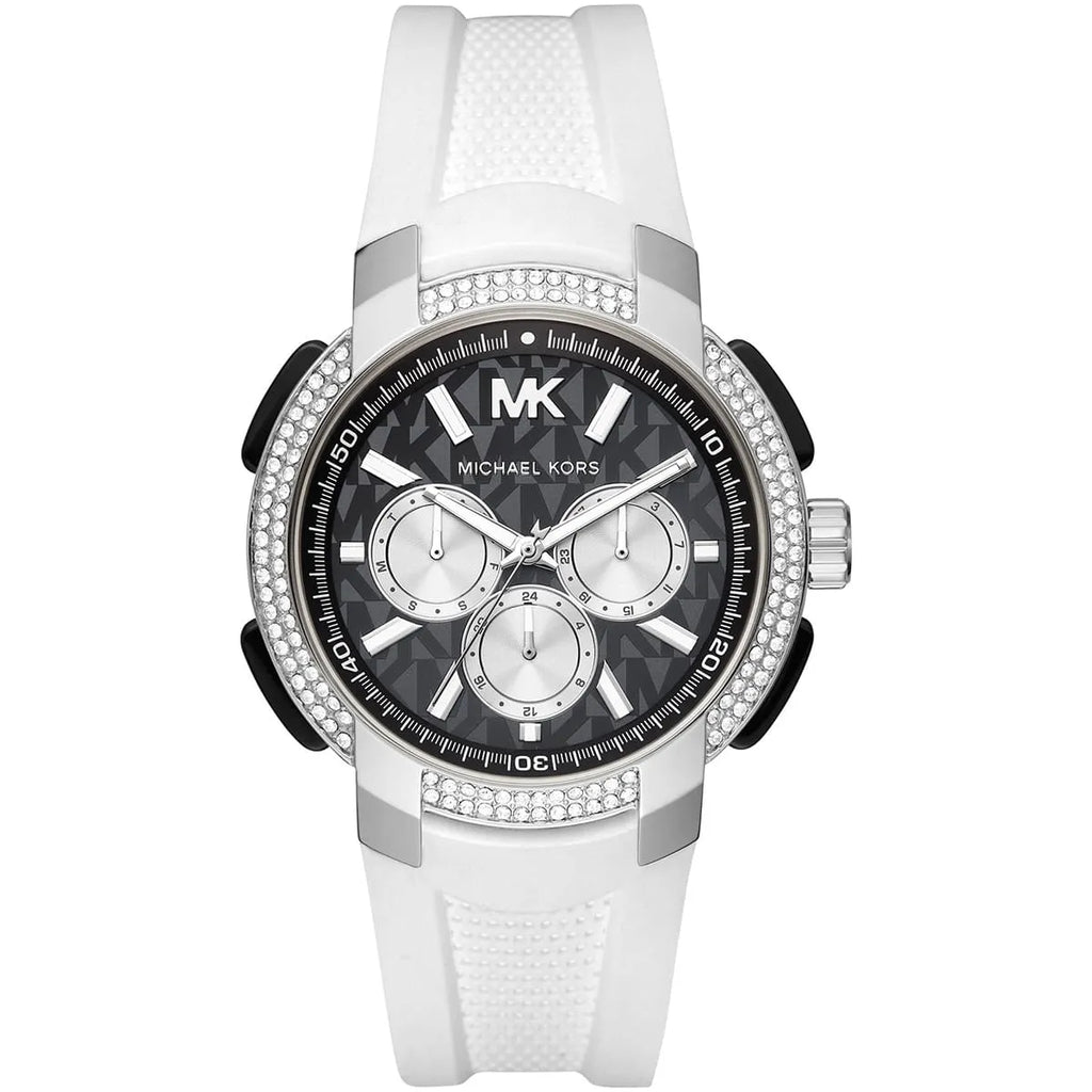 Michael Kors Sidney MK6947 Silver-Tone Black Dial White Rubber Women's Watch