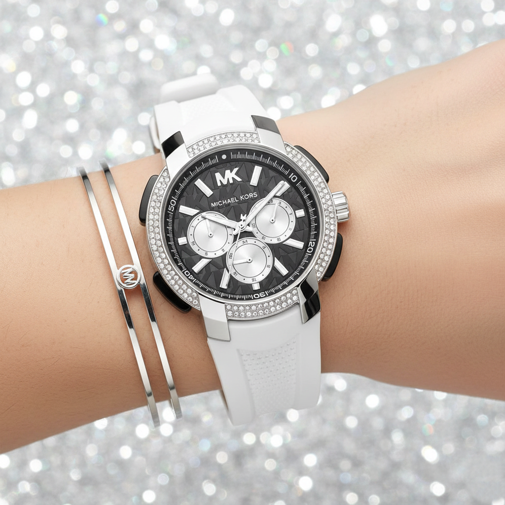 Michael Kors Sidney MK6947 Silver-Tone Black Dial White Rubber Women's Watch