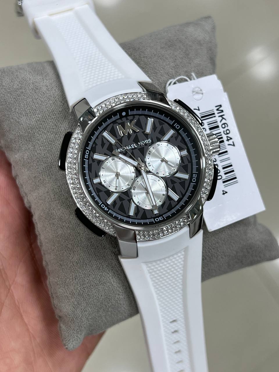 Michael Kors Sidney MK6947 Silver-Tone Black Dial White Rubber Women's Watch