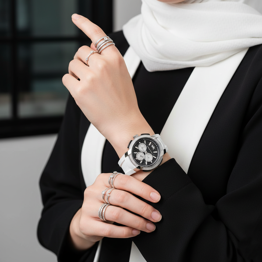 Michael Kors Sidney MK6947 Silver-Tone Black Dial White Rubber Women's Watch